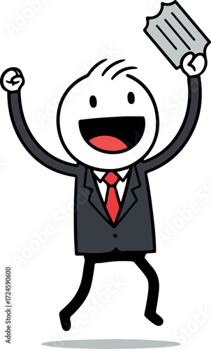 Excited stick figure celebrates winning lottery ticket with joy and happiness.