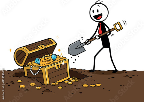 Excited man unearths treasure chest filled with gold coins and jewels.