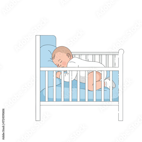 A peaceful baby sleeps soundly in a white wooden crib with a blue pillow and blanket, illustrating a moment of innocent slumber.