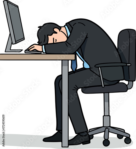 Exhausted businessman asleep at his desk after long work day.