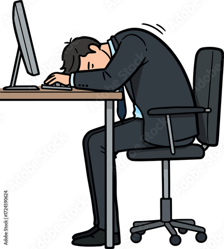 Exhausted businessman slumped over desk in office feeling burnout and stress.