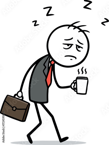 Exhausted businessman walking with briefcase and coffee cup feeling tired.