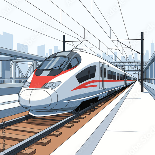 A sleek, modern high-speed train with red accents glides along a railway track, approaching a station platform with a city skyline in the background.