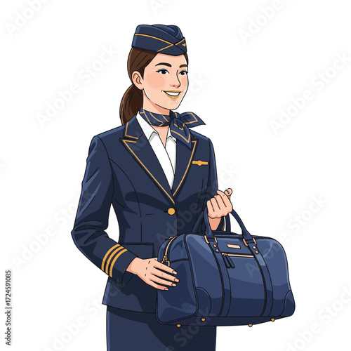 A smiling flight attendant in a navy blue uniform with gold trim, wearing a matching hat and scarf, holds a dark blue duffel bag.