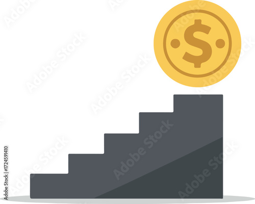 Financial growth concept with coin and stairs representing progress.