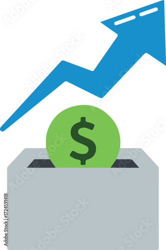 Financial growth concept with dollar coin and rising arrow in a box.