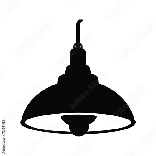 Black silhouette of industrial style pendant light fixture with curved shade, operating room lamp silhouette vector illustration