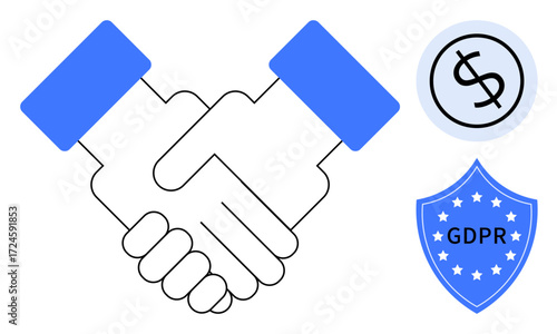 Handshake symbolizing partnership, GDPR shield for data security, dollar icon for financial dealings. Ideal for business trust, compliance, partnerships, data protection, transactions, corporate