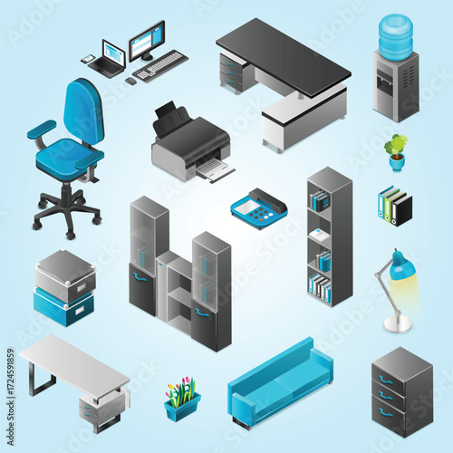 Isometric Office Equipment and Furniture Set Detailed Illustration for Business