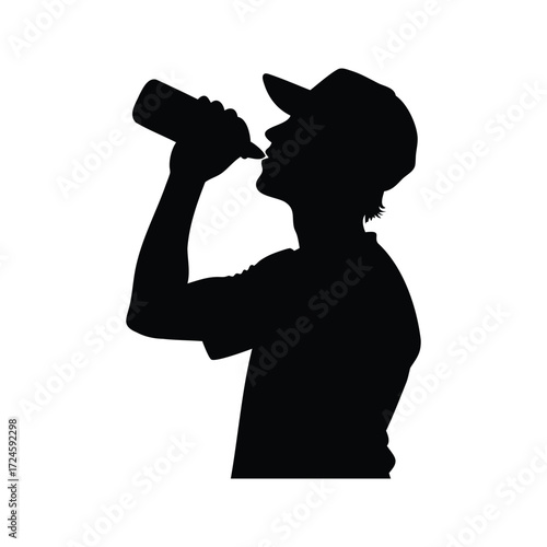 Silhouette of a man drinking from a bottle wearing a baseball cap, camper drinking from bottle silhouette vector illustration