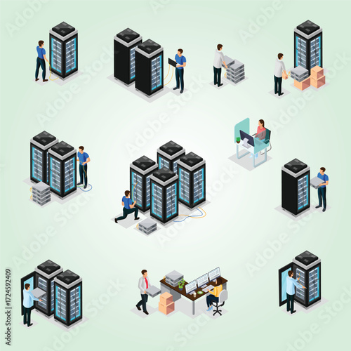 Isometric Detailed Server Room Illustration with People Working and Maintenance