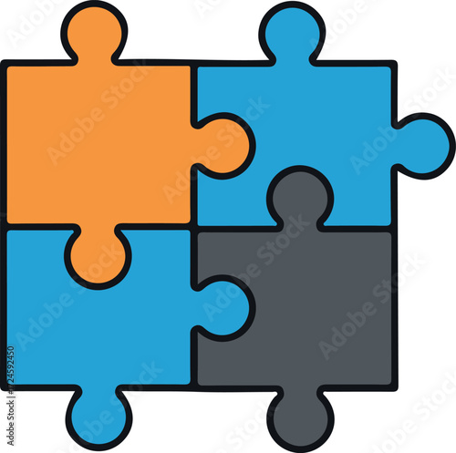 Four puzzle pieces connected together representing teamwork and problem solving.