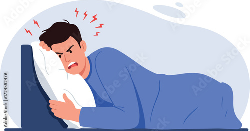 Frustrated man in bed experiencing insomnia and sleep deprivation.