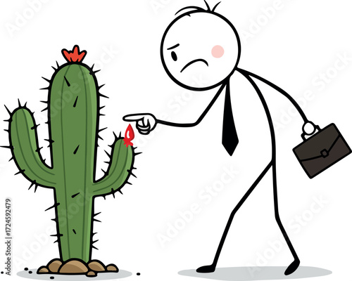 Frustrated businessman points at cactus symbolizing a difficult situation.