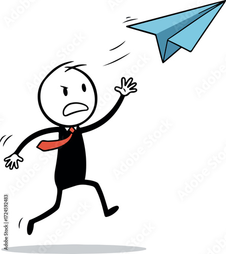 Frustrated stick figure chasing paper airplane with determined expression.