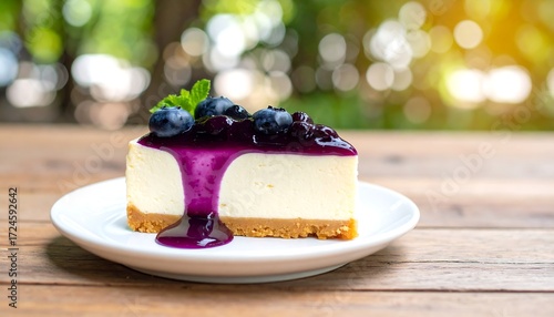 Creamy cheesecake slice, blueberry topping