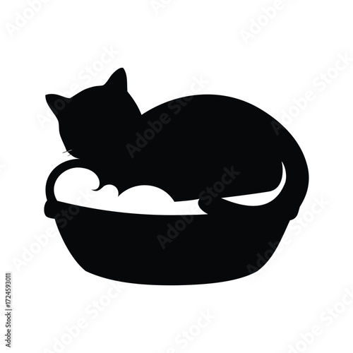 Black silhouette of a cat sleeping comfortably in a basket of fluff, cat curled in basket silhouette vector illustration