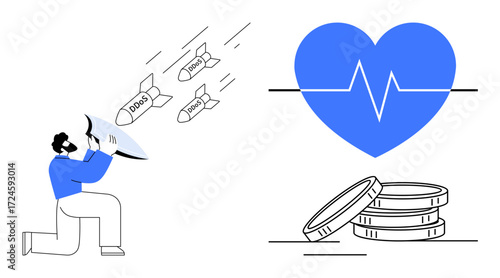 Person defends with a shield against digital attacks labeled DDoS, malware. Blue heart with heartbeat and stack of coins represent health and financial stability. Ideal for cybersecurity, digital