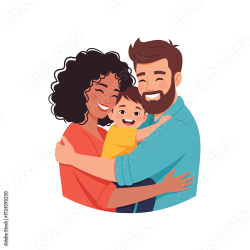 A happy diverse family embracing each other with smiles, showing love and togetherness.