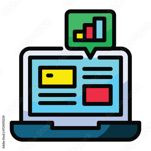 Laptop displaying a bar chart and text