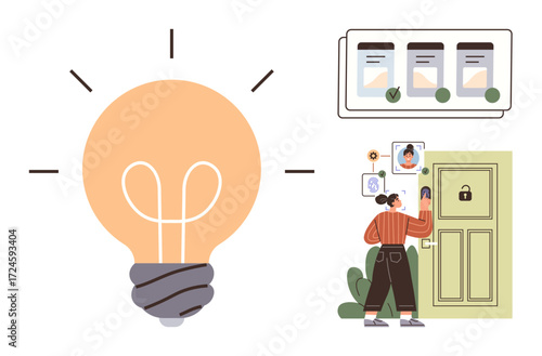 Woman unlocking door using mobile app, digital checklists, and glowing light bulb. Ideal for technology, home security, innovation, convenience, smart devices IoT efficiency. Simple flat metaphor