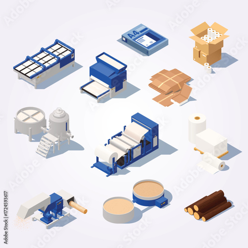 Isometric Detailed Paper Mill Production Stages Manufacturing Process Illustration