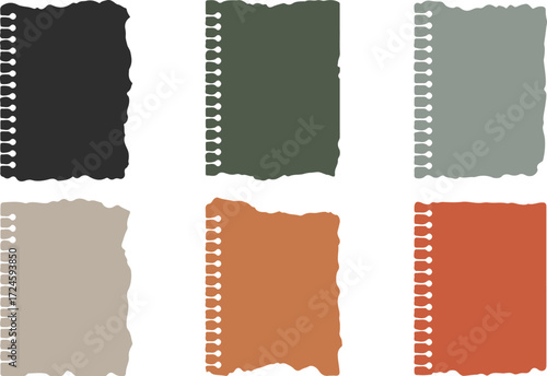 Notebook paper pages with torn edges and spiral binding in various earth tone colors