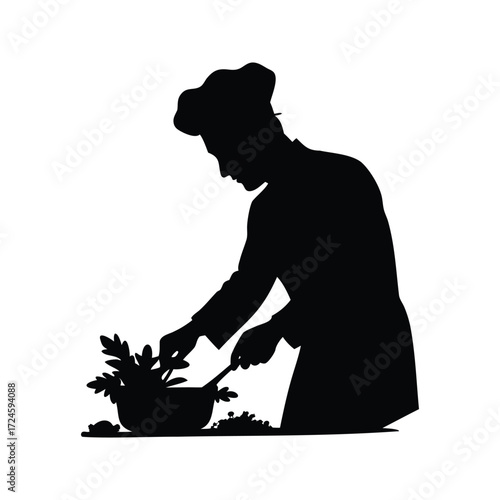 Silhouette of a chef preparing food, skillfully mixing ingredients in a bowl, chef chopping herbs silhouette vector illustration