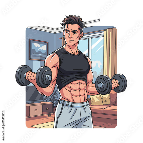 A muscular man with visible abs doing bicep curls with dumbbells in a home gym setting, cartoon illustration.