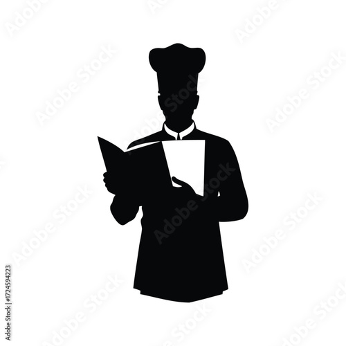 Silhouette of chef reading cookbook, black and white professional cook, chef holding cookbook silhouette vector illustration