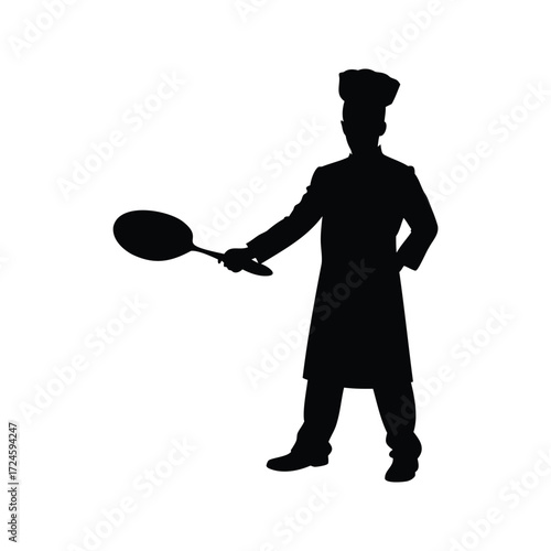 Chef Silhouette with Frying Pan Standing Confidently Ready to Cook Meal, chef holding frying pan silhouette vector illustration