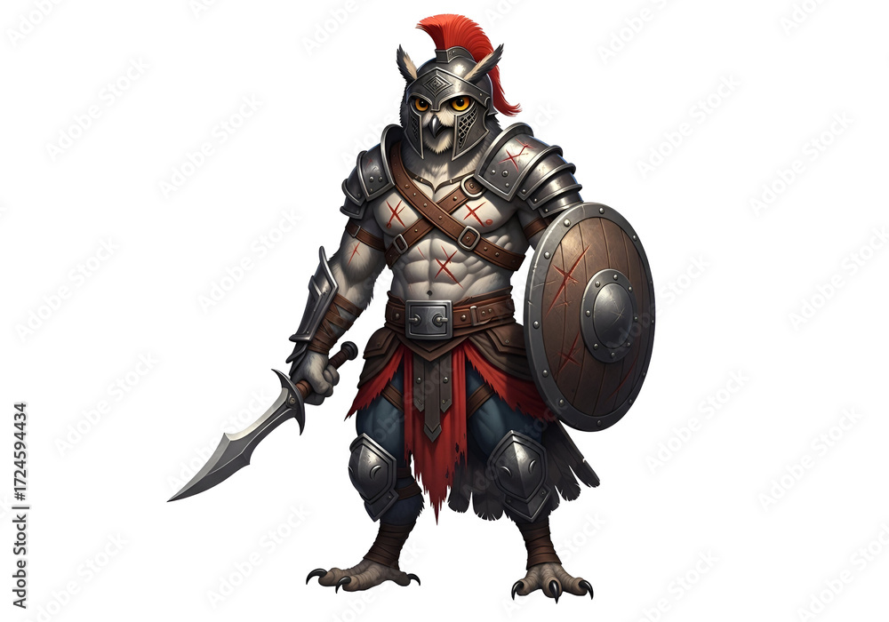 Naklejka premium A formidable owl warrior in Roman-style armor stands ready with sword and shield, showcasing detailed design and dramatic lighting.