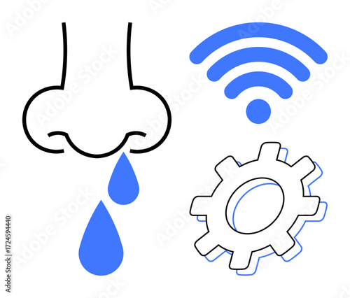 Nose with blue droplets symbolizes smellsensitivity, gear and wireless represent technology. Ideal for science, senses, innovation, IoT, health tech, digital connections automation. Simple flat