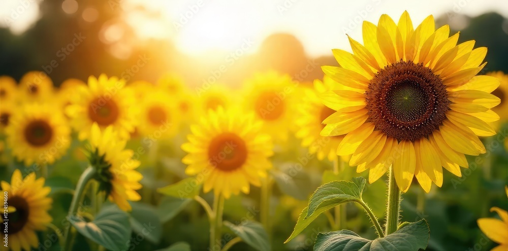 Fototapeta premium Golden Sunlight Bathes Vibrant Sunflower Field Optimism and Joyful Summer Imagery