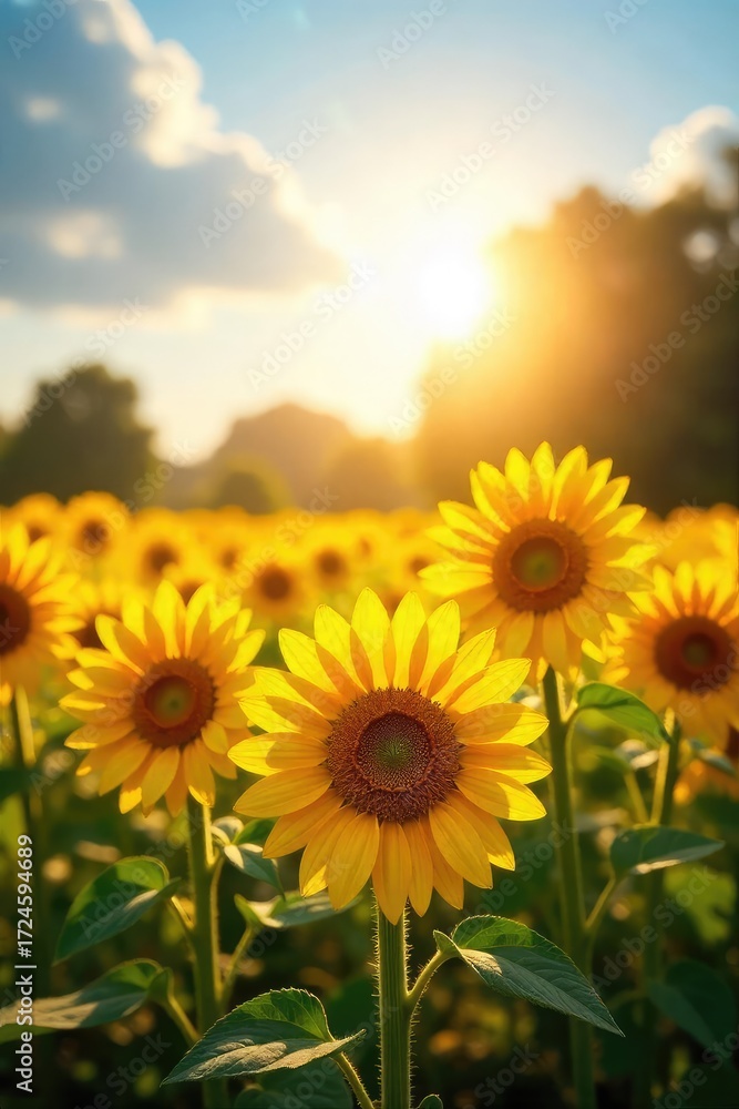 Obraz premium A vibrant field of sunflowers basking in golden sunlight, conveying optimism and warmth The bright yellow blossoms stretch towards the sky, symbolizing hope and positivity , warmth, hope, light