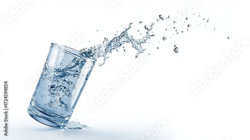 A dynamic splash of water erupts from a tilted glass, capturing the motion and clarity of liquid in mid-air against a stark white background.