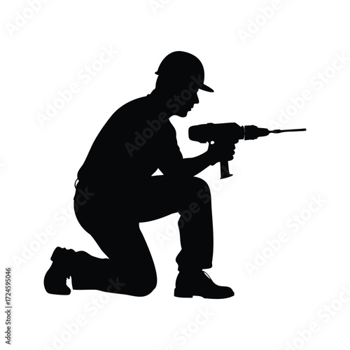 Silhouette of a construction worker kneeling with a power drill in hand, construction worker drilling silhouette vector illustration