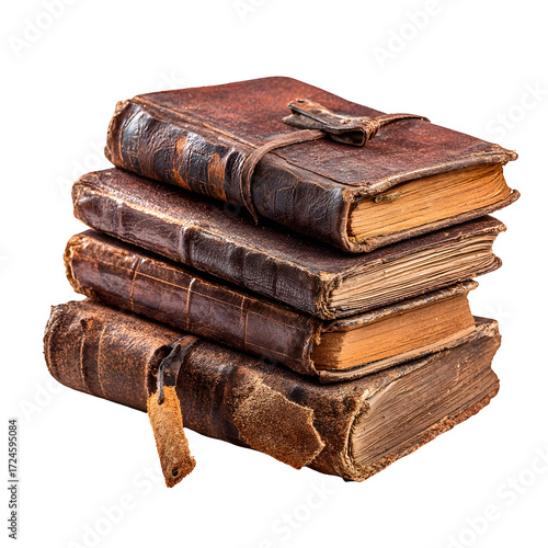 A stunning collection of uniquely aged, leather-bound books, stacked, evoking a profound sense of history, timeless wisdom, and vintage literary charm