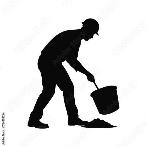 Silhouette of a construction worker with a hard hat pouring out material, construction worker mixing cement silhouette vector illustration