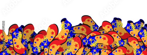 Empty horizontal banner with huge clown shoes with yellow laces and a round toe. Vector banner for circus performance advertising