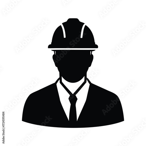Silhouette of a construction worker or engineer wearing a hard hat and suit, construction worker with helmet silhouette vector illustration