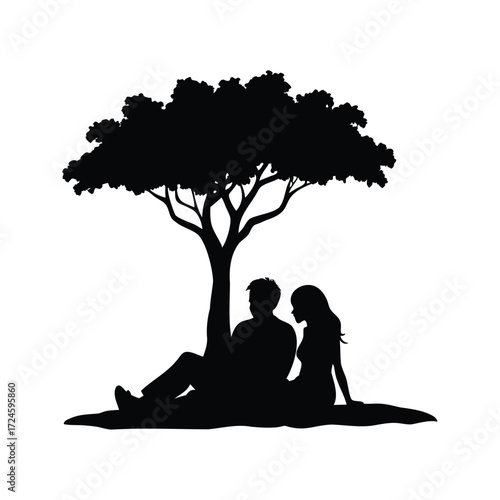 Silhouette of a couple sitting under a tree enjoying each other's company, couple sitting under tree silhouette vector illustration