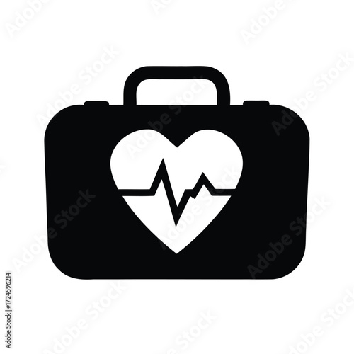 A stylized black and white illustration of a medical first aid kit, defibrillator silhouette vector illustration