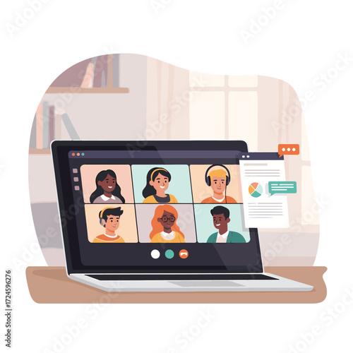 Diverse group of people participating in a video conference call on a laptop screen, engaged in online communication and collaboration.