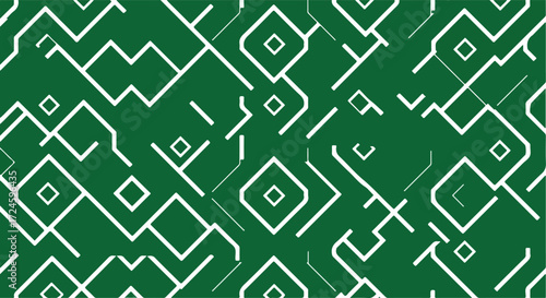 Geometric pattern of white lines and diamond shapes on green background.
