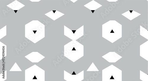Geometric pattern of white shapes with black triangles on gray background.