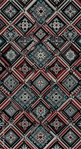 Geometric pattern textile with repeating diamond shapes and floral elements.
