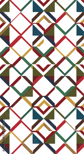 Geometric pattern with colorful diamond shapes and intersecting lines on white background.