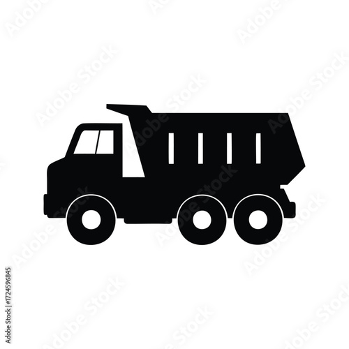 Silhouette of a black dump truck with three large tires, dump truck silhouette vector illustration
