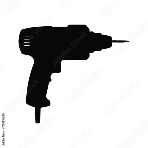 Black silhouette of a power drill, tool, isolated on white background, drill silhouette vector illustration
